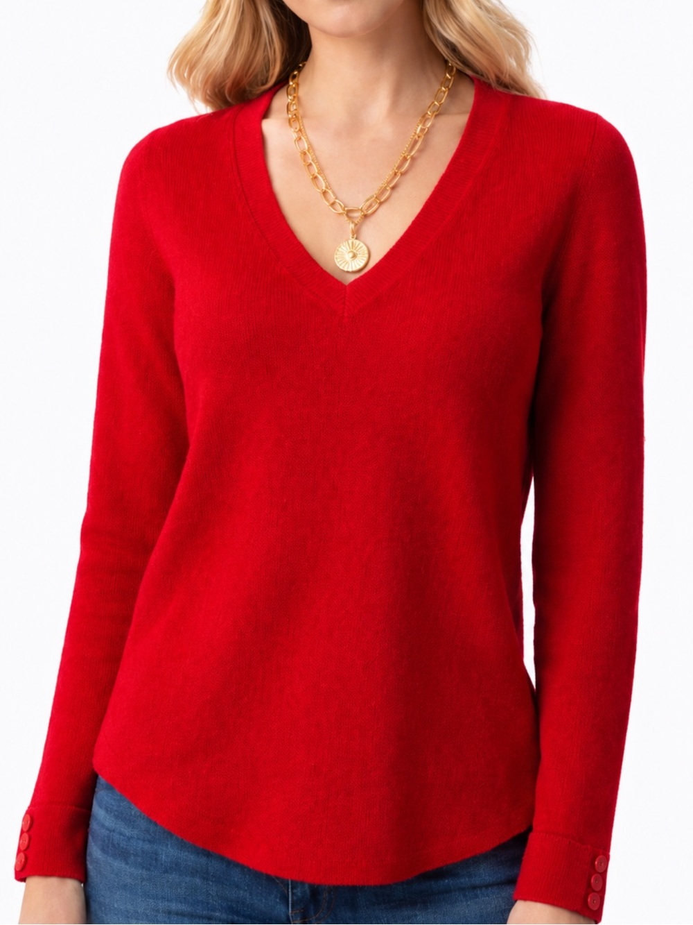 Talbots Red V-Neck Sweater Medium Petite MP Button Cuff Cotton Rayon Blend